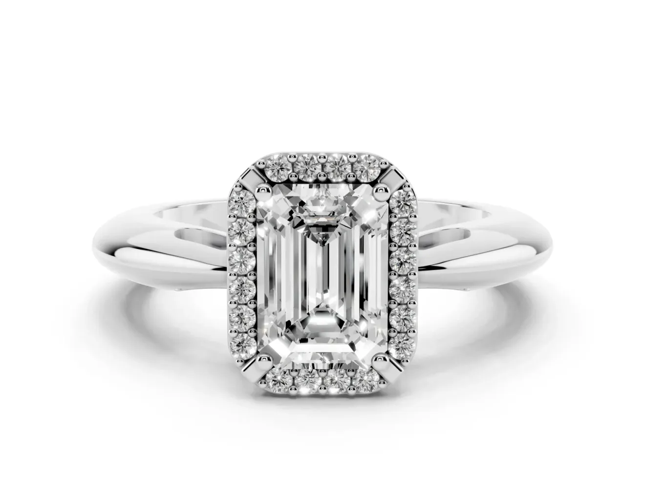 Emerald Cut Diamond Halo Engagement Ring Set in White gold with Plain Split Shank and Prong Setting