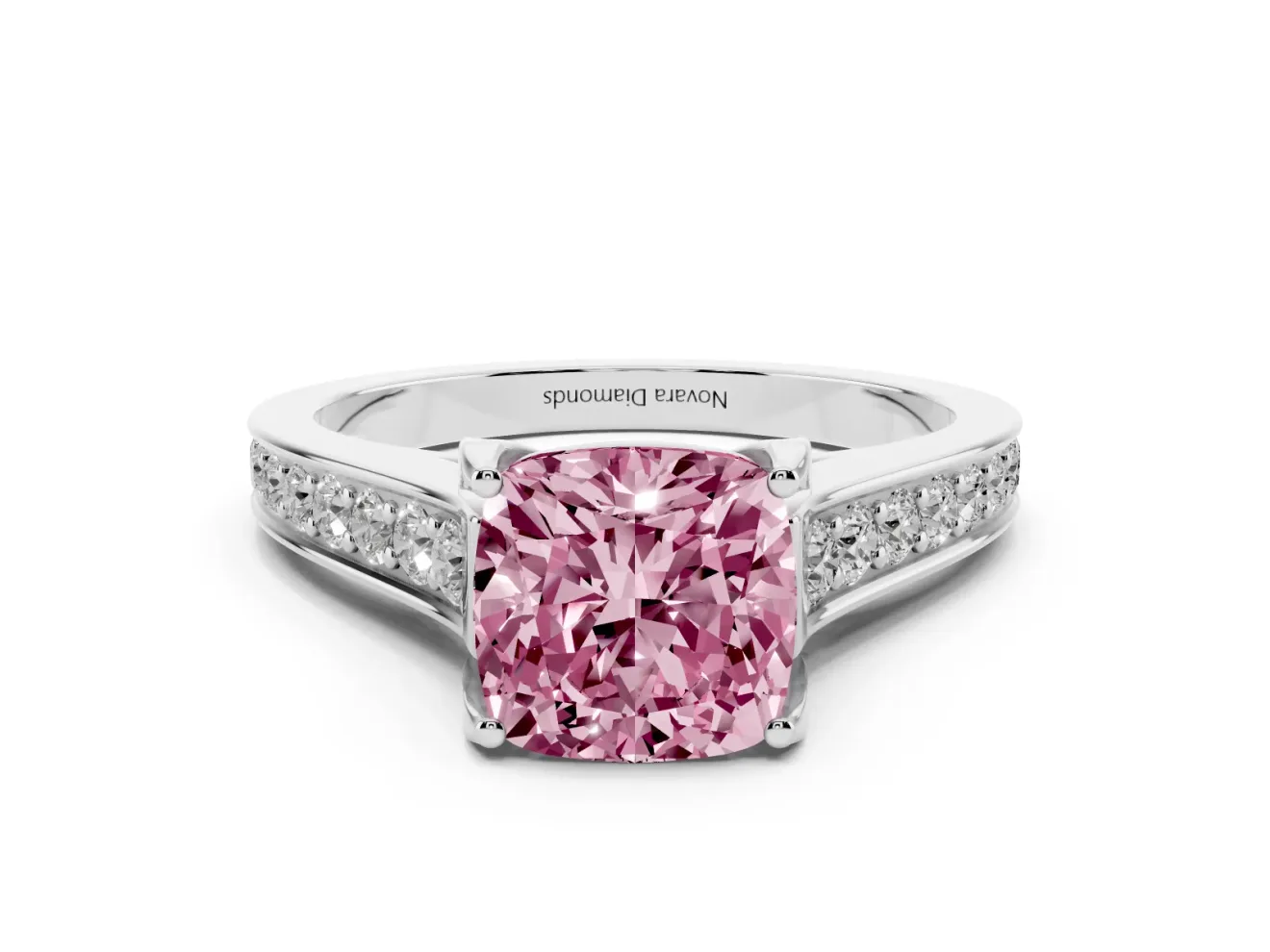Fancy Pink Cushion Cut Diamond Solitaire Pavé Engagement Ring Set in Platinum with Prong Setting
