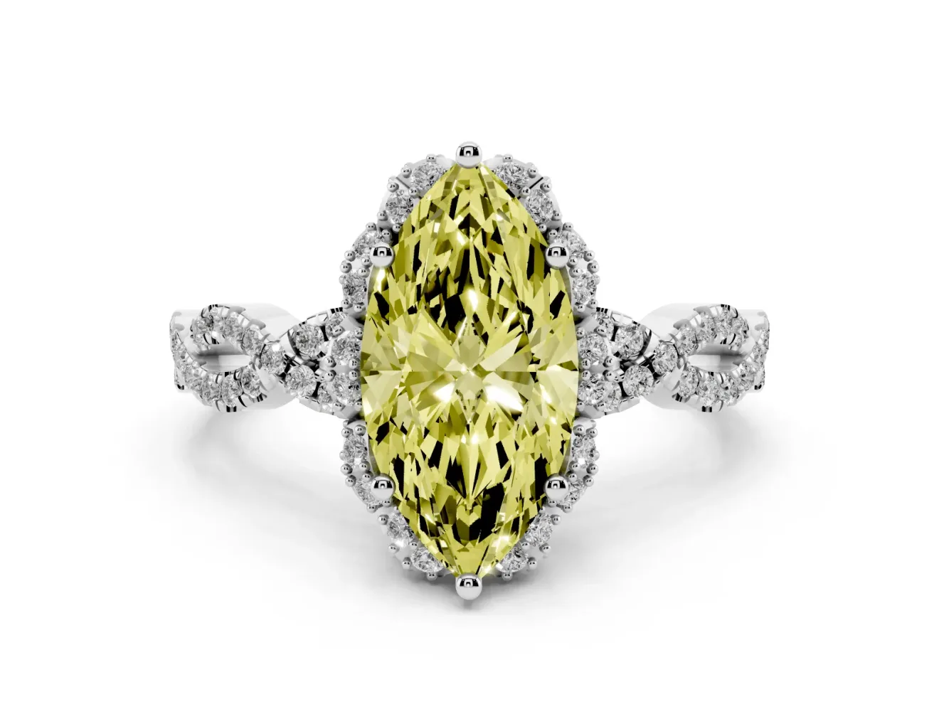Marquise Milgrain Halo Engagement Ring Setting for a Fancy Yellow Lab-Grown Diamond | Graduated Shoulders | Platinum