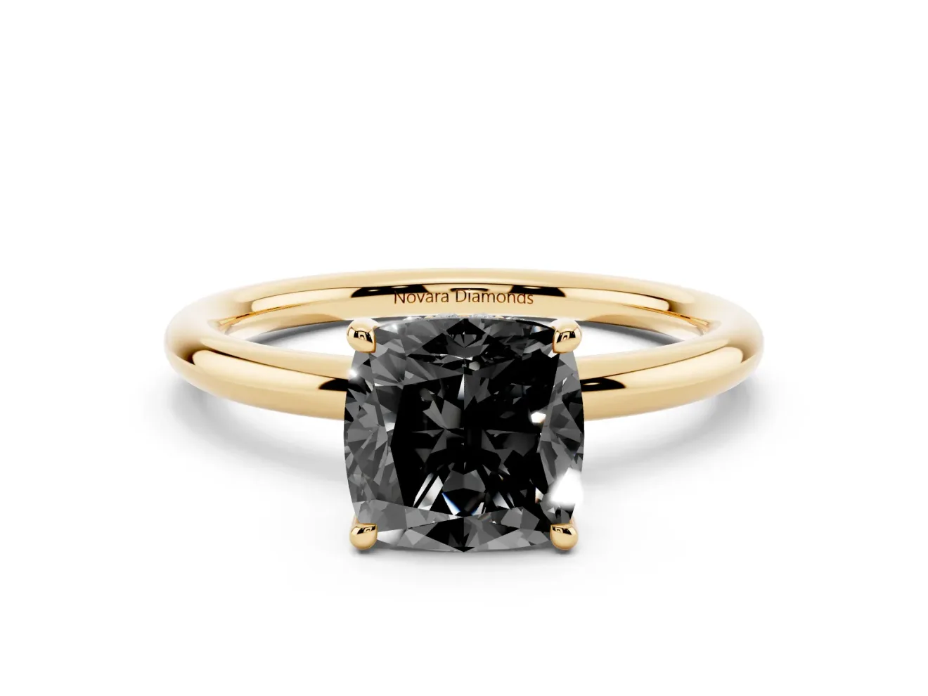 Cushion Cut Hidden Halo Engagement Ring Setting for a Black Center | Thin Plain Band | Yellow Gold