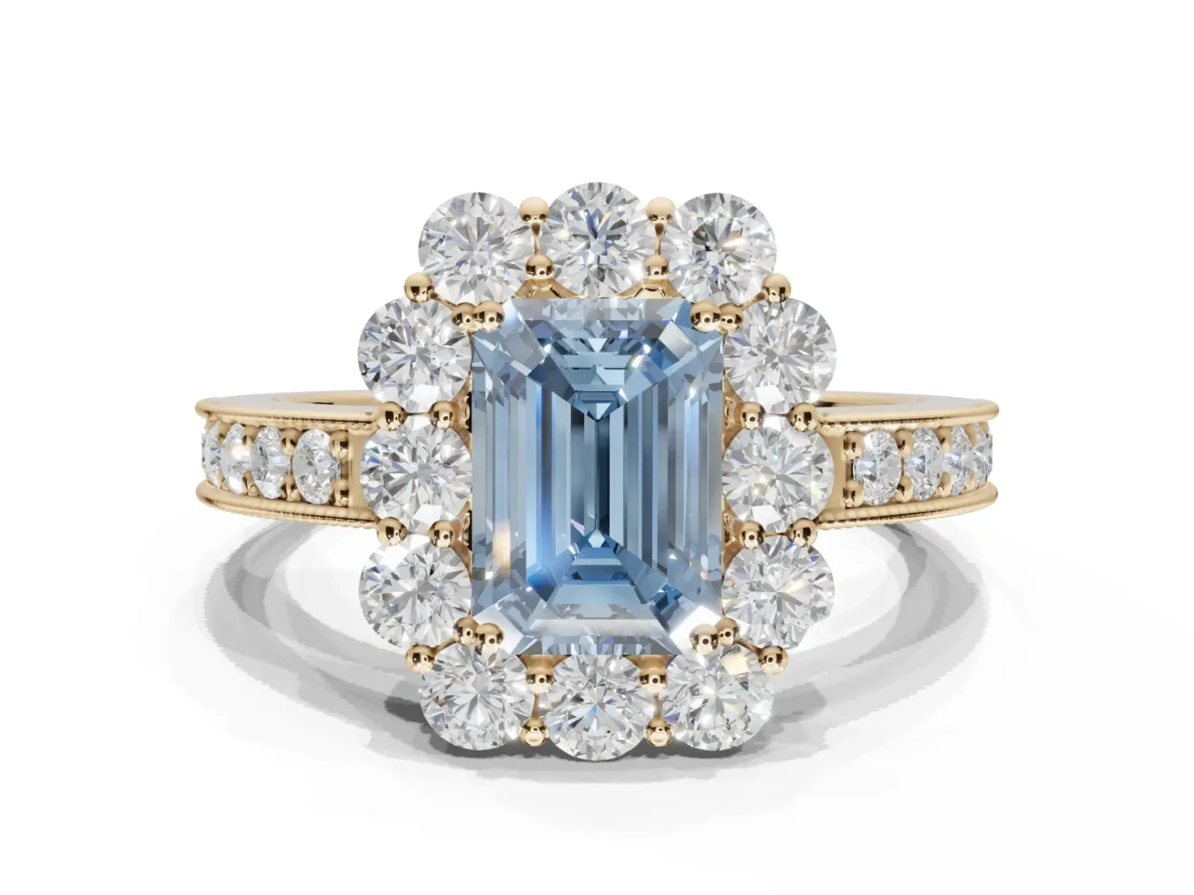 Emerald Cut Vintage Halo Engagement Ring Setting for a Fancy Blue Lab-Grown Diamond | Yellow Gold