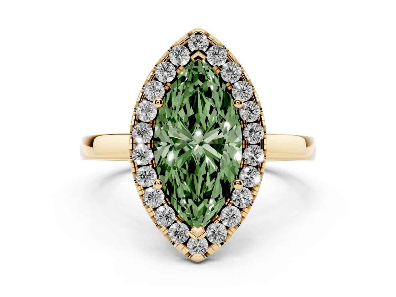 Marquise Thin Halo Engagement Ring Setting for a Fancy Green Lab-Grown Diamond | Plain Polished Band | Yellow Gold