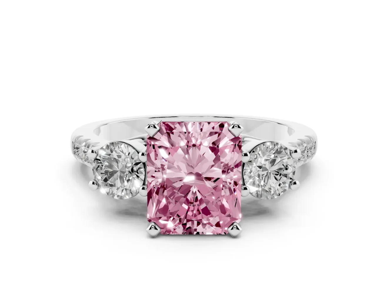 Fancy Pink Three-Stone Radiant Cut Diamond Pavé Band Ring Set in Silver with Prong-Set Trio