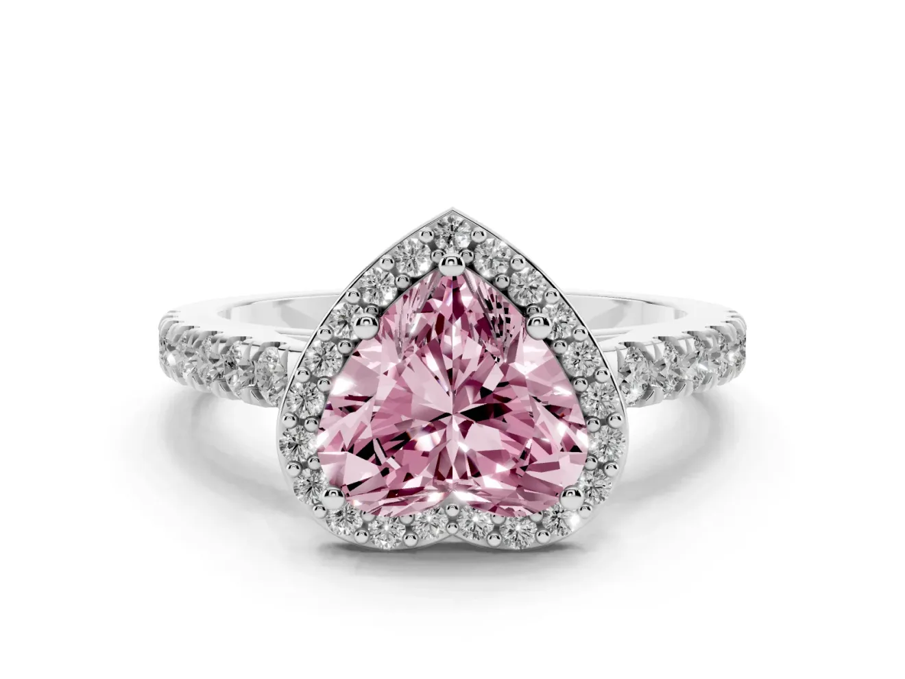 Fancy Pink Heart Cut Diamond Halo Engagement Ring Set in Platinum with Pavé Band and Prong Setting
