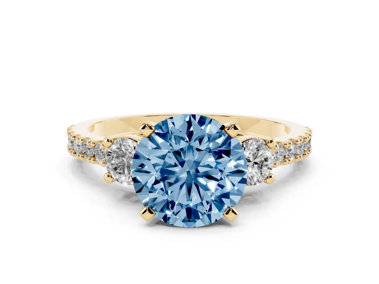 Round Three Stone Pavé Engagement Ring Setting for a Fancy Blue Lab-Grown Diamond | Round Side Stones | Yellow Gold