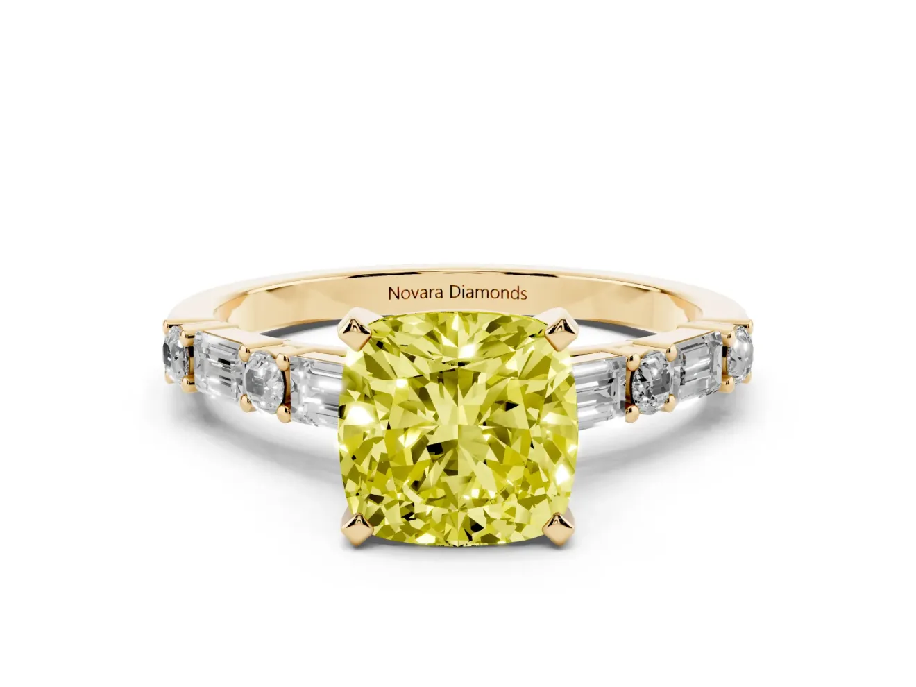 Cushion Cut Baguette Side Stone Engagement Ring Setting for a Fancy Yellow Lab-Grown Diamond | Yellow Gold