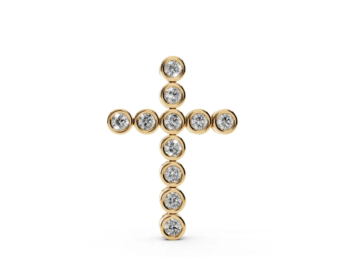 Round Lab-Grown Diamond Bezel Cross Pendant Necklace | Linked Round Bezels | Yellow Gold