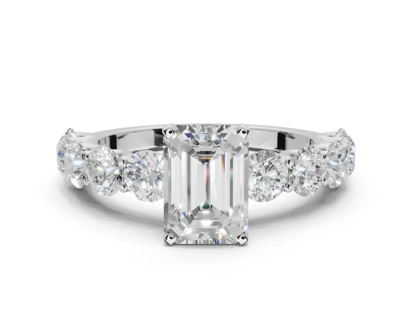 Emerald Cut Side Stone Engagement Ring Setting | Scalloped Prong Accents | White Gold