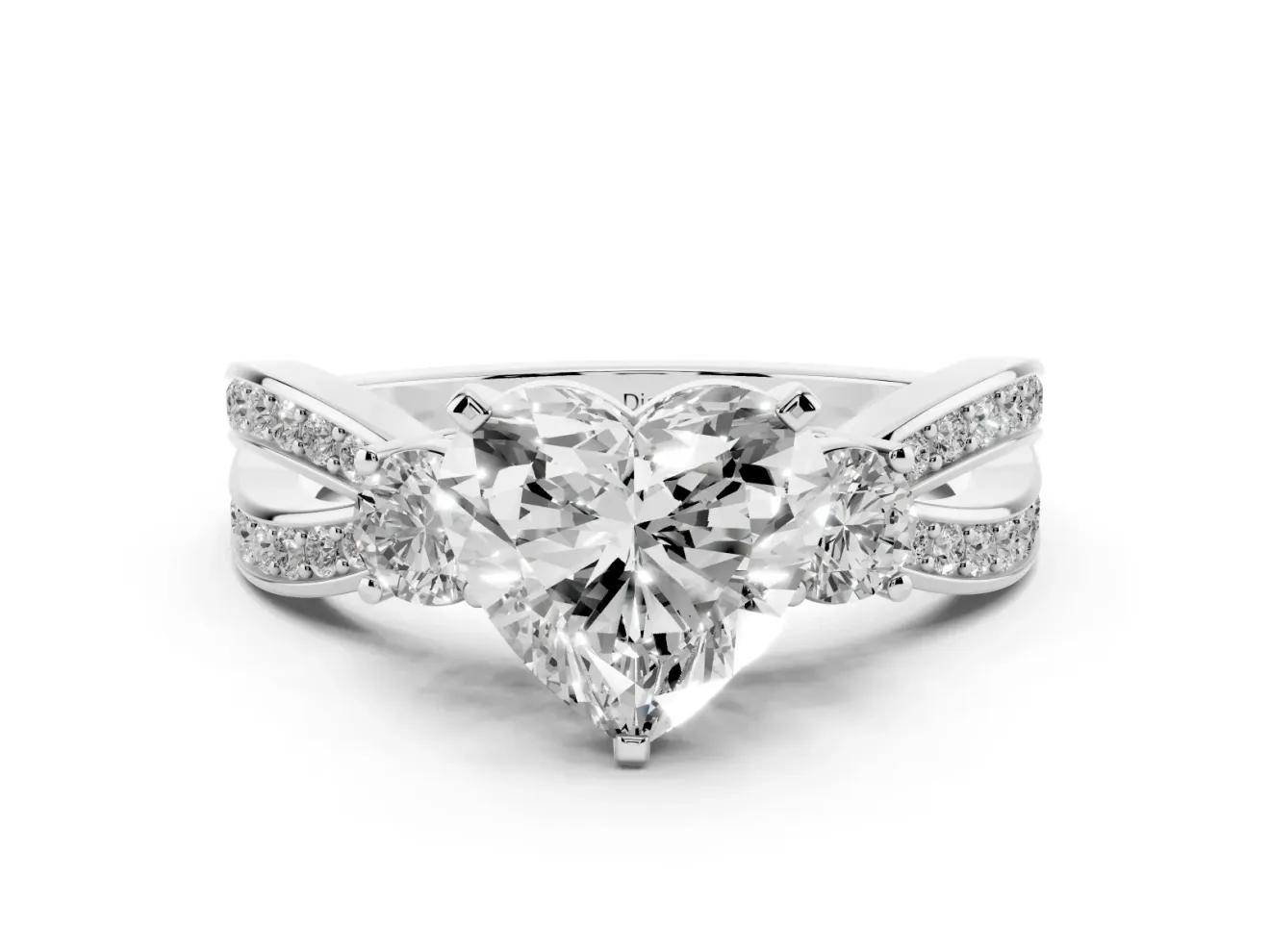 Three-Stone Heart Cut Diamond Twist Band Ring Set in White gold with Pavé Accents and Prong Setting