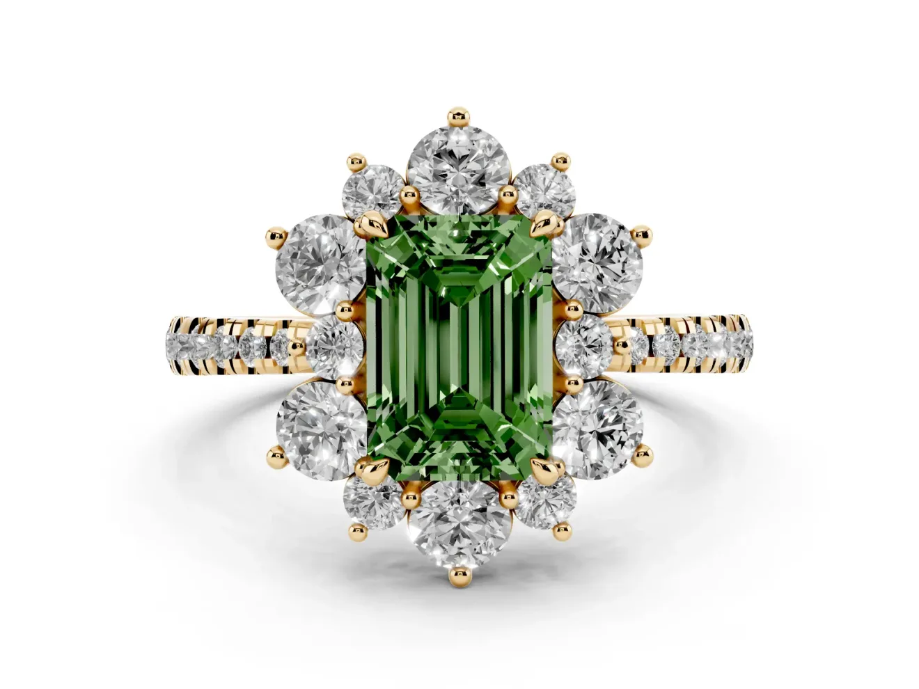 Fancy Green Emerald Cut Diamond Floral Halo Ring Set in Yellow gold with Round Pavé Band and Prong Setting