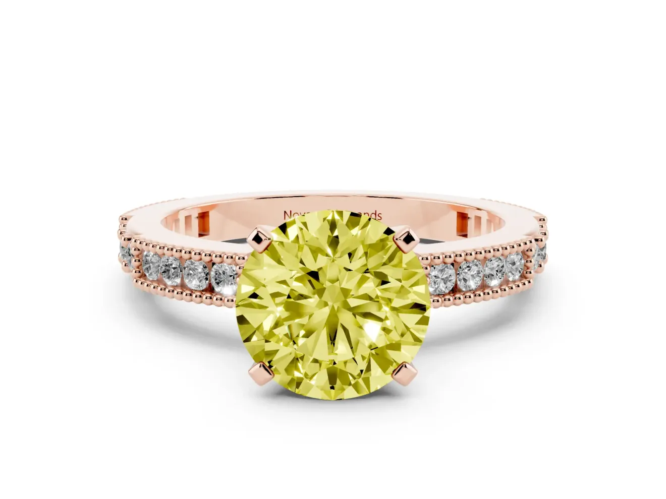 Fancy Yellow Round Cut Diamond Solitaire Ring Set in Rose gold with Slim Pavé Band and Prong Setting