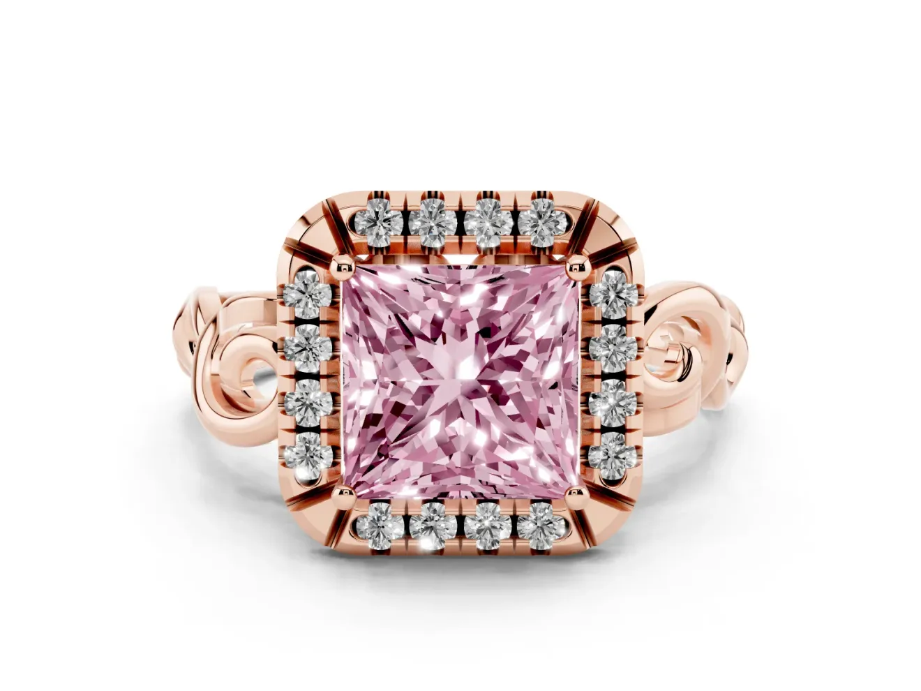 Princess Cut Filigree Halo Engagement Ring Setting for a Fancy Pink Lab-Grown Diamond | Rose Gold
