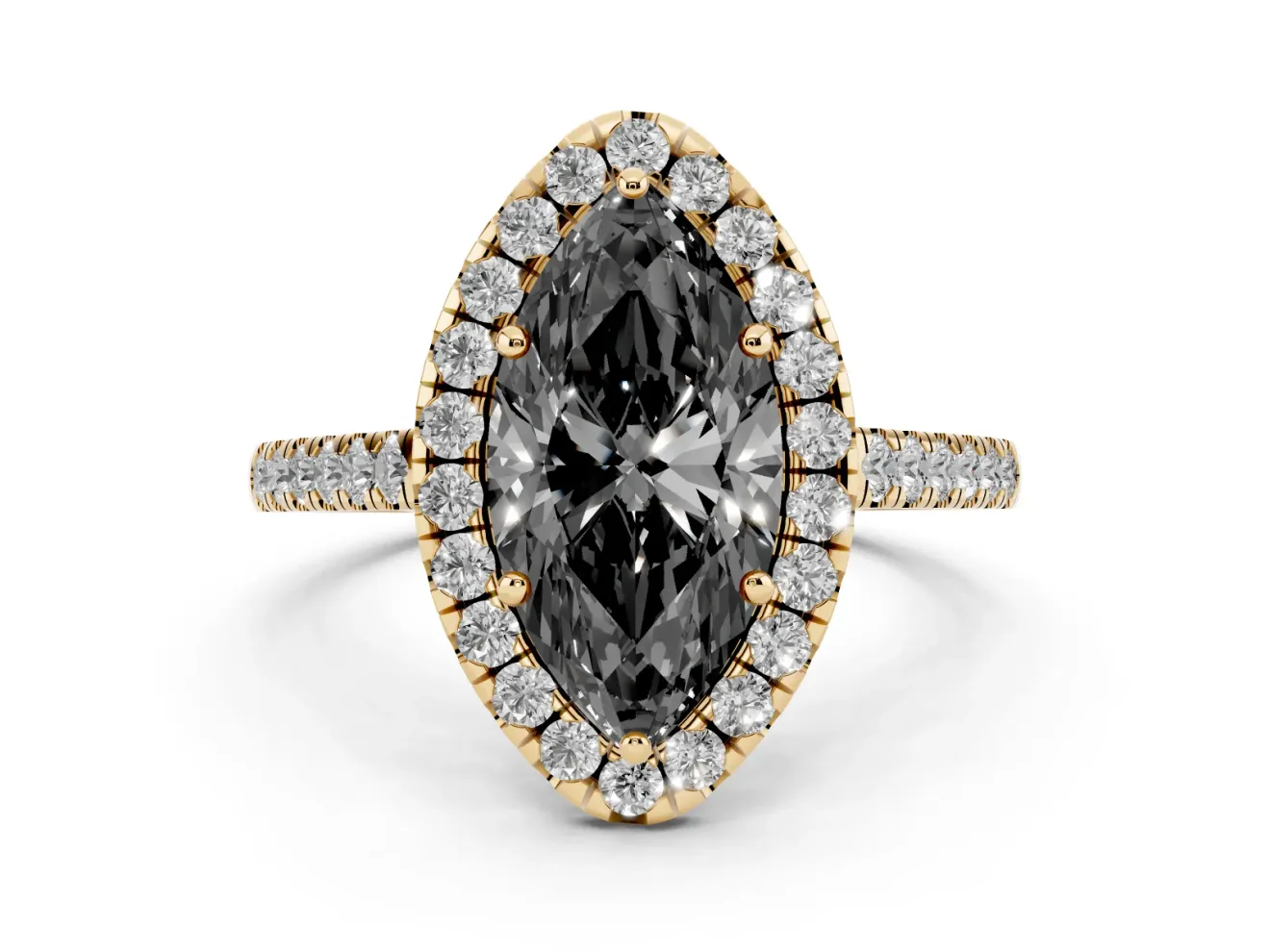 Marquise Halo Engagement Ring Setting for a Black Center | Pavé Shoulders | Yellow Gold