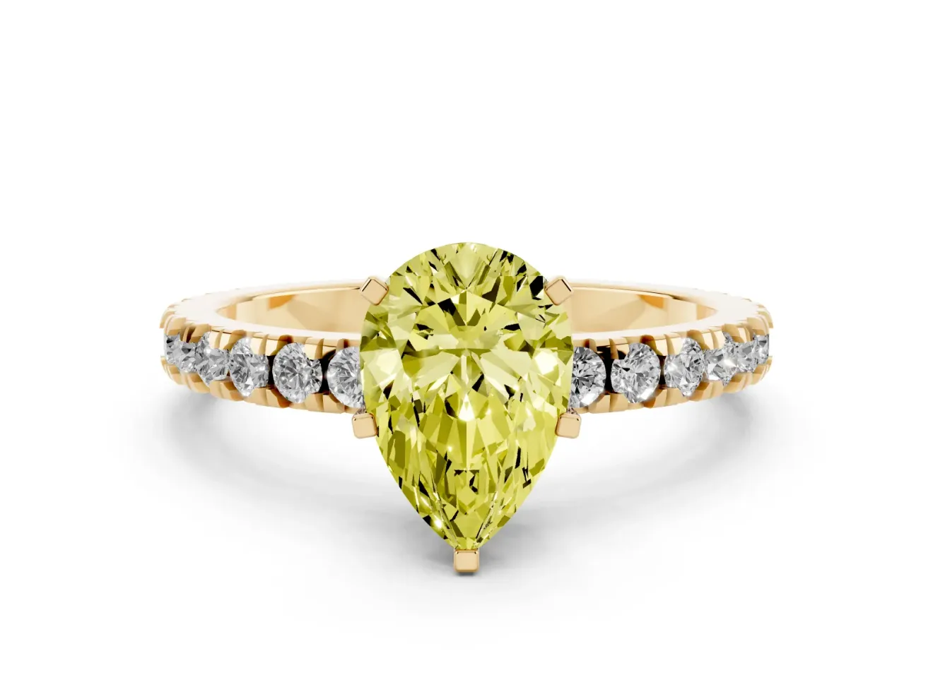 Fancy Yellow Pear Cut Diamond Pavé Band Solitaire Set in Yellow gold with Prong Setting