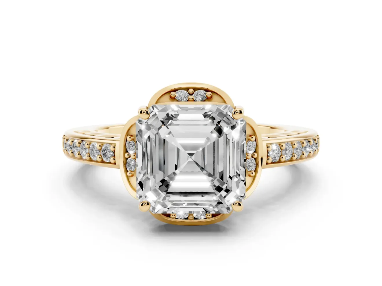 Asscher Cut Floral Pavé Engagement Ring Setting | Petal Accents | Yellow Gold