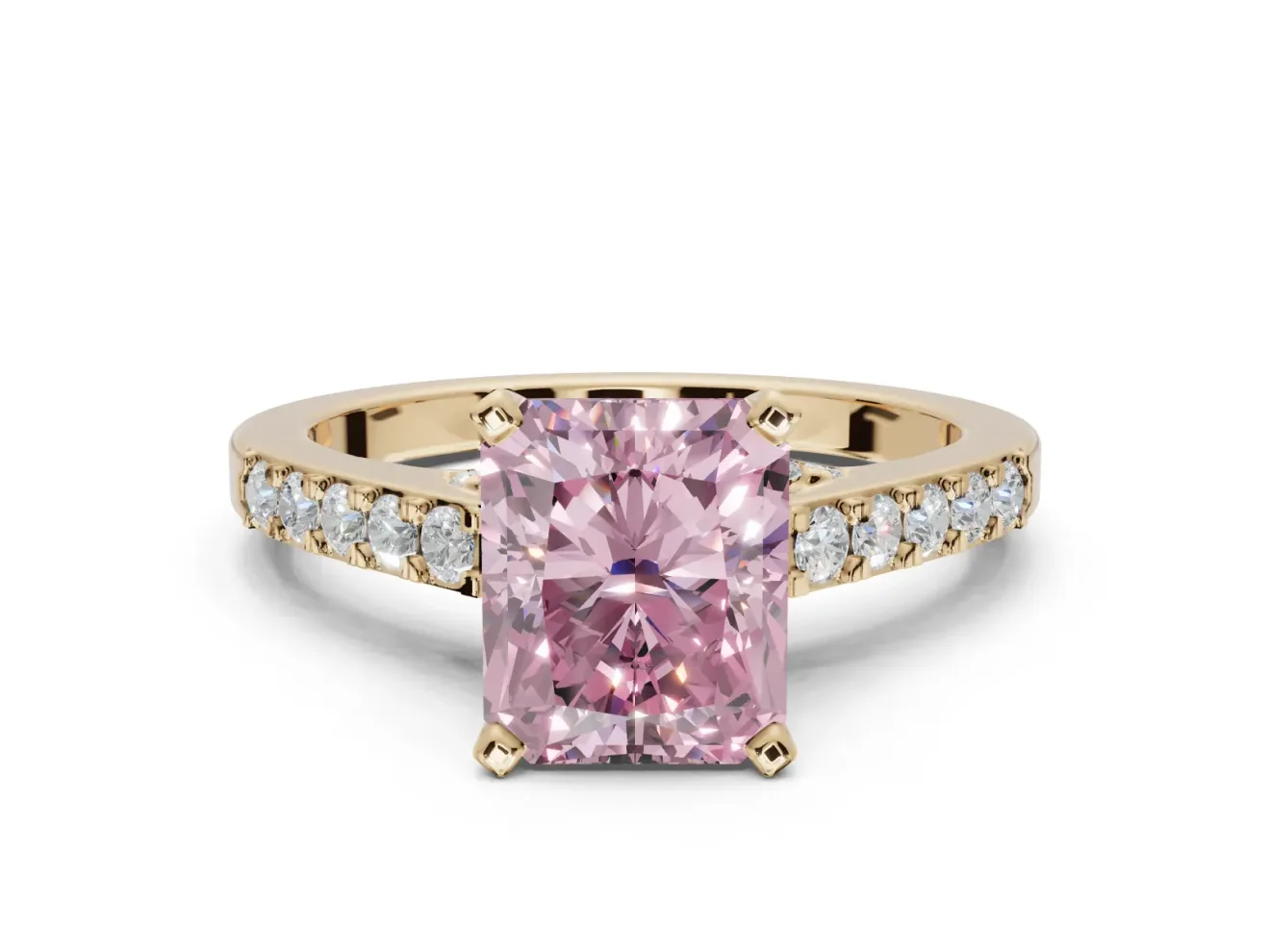 Radiant Cut Pavé Solitaire Engagement Ring Setting for a Fancy Pink Lab-Grown Diamond | Crossover Gallery | Yellow Gold