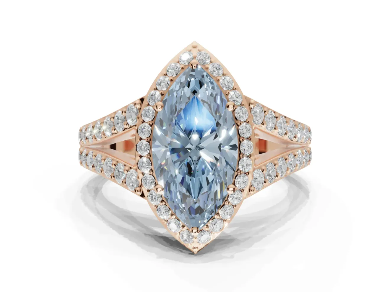 Marquise Halo Pavé Engagement Ring Setting for a Fancy Blue Lab-Grown Diamond | Narrow Split Shank | Rose Gold