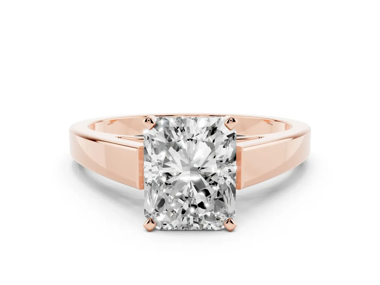 Radiant Cut Diamond Solitaire Engagement Ring Set in Rose gold with Prong Setting and Tapered Band
