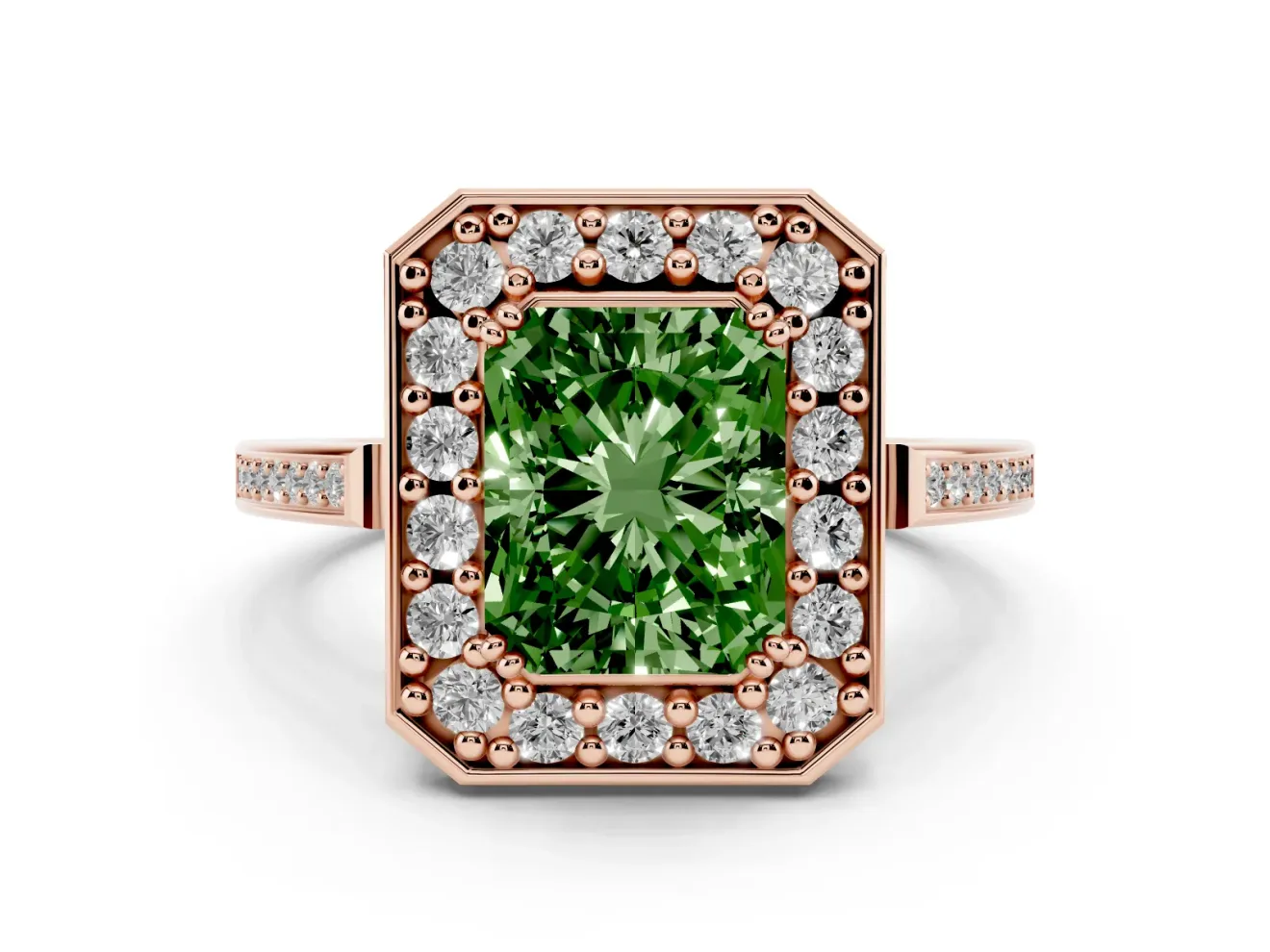 Radiant Cut Halo Engagement Ring Setting for a Fancy Green Lab-Grown Diamond | Polished Halo Rim | Rose Gold