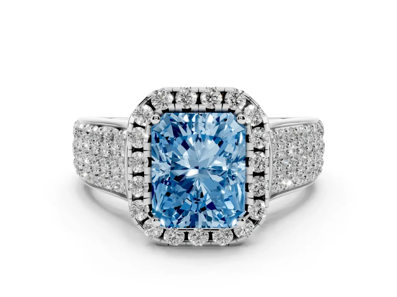 Radiant Cut Pavé Engagement Ring Setting for a Fancy Blue Lab-Grown Diamond | Wide Three-Row Band | White Gold