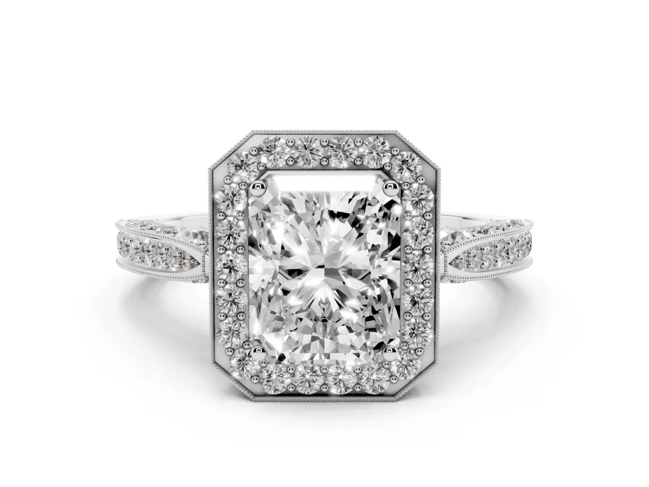 Radiant Cut Vintage Milgrain Halo Engagement Ring Setting | Side Stones and Pave | Platinum