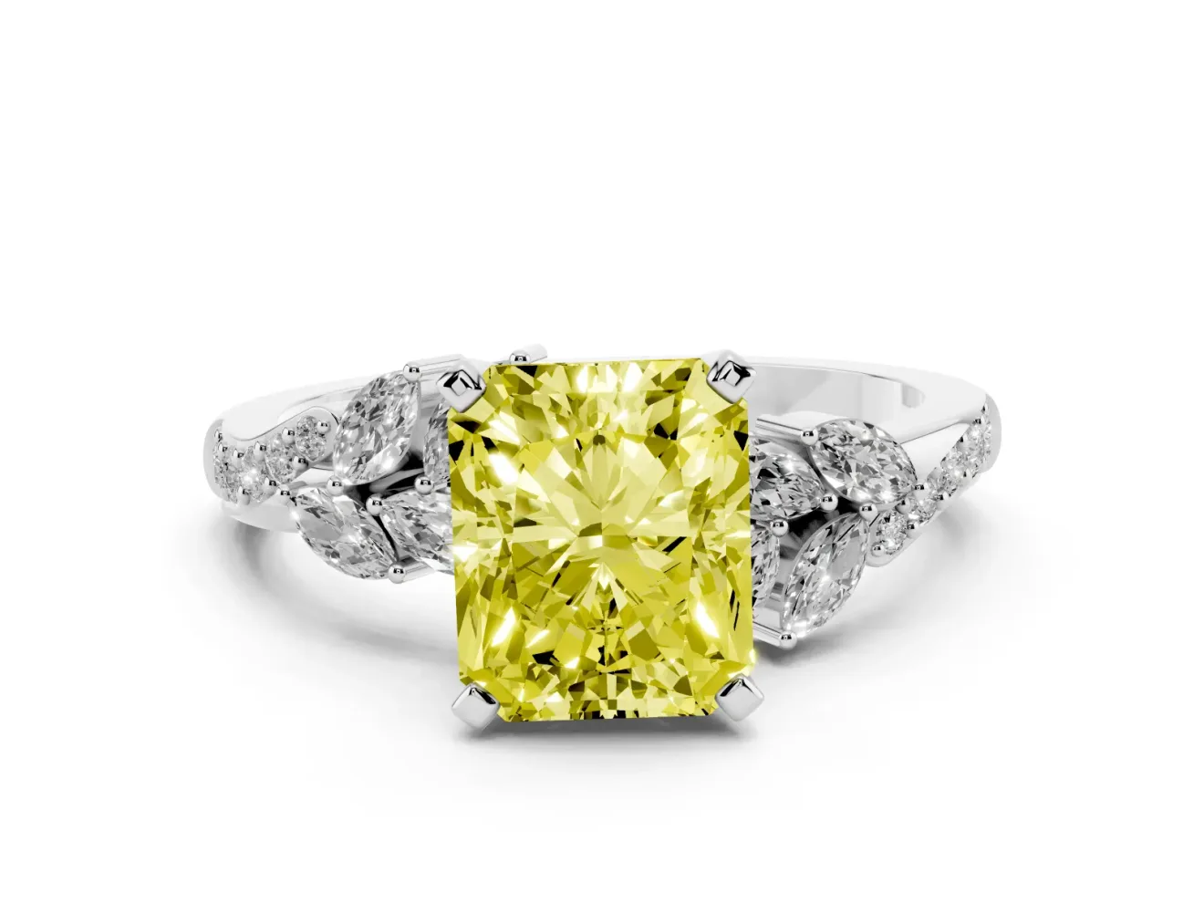 Fancy Yellow Radiant Cut Diamond Solitaire Ring Set in Platinum with Marquise Twist Band and Prong Setting