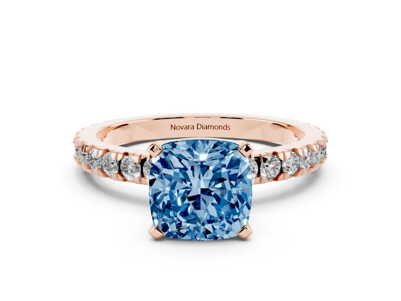 Cushion Cut Pavé Solitaire Engagement Ring Setting for a Fancy Blue Lab-Grown Diamond | Rose Gold