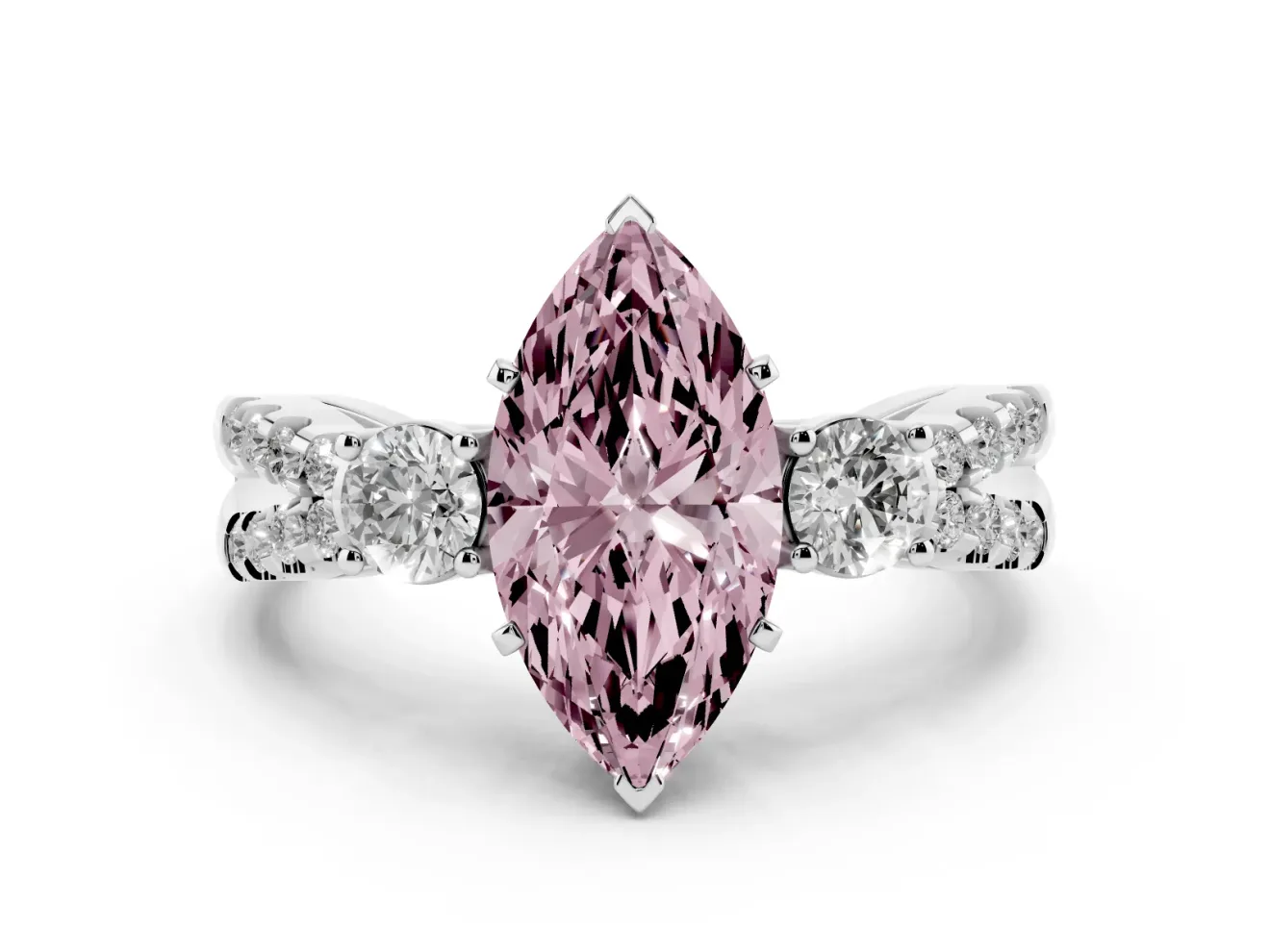 Fancy Pink Marquise Cut Diamond Three-Stone Ring Set in Silver with Pavé Split Shank and Prong Setting