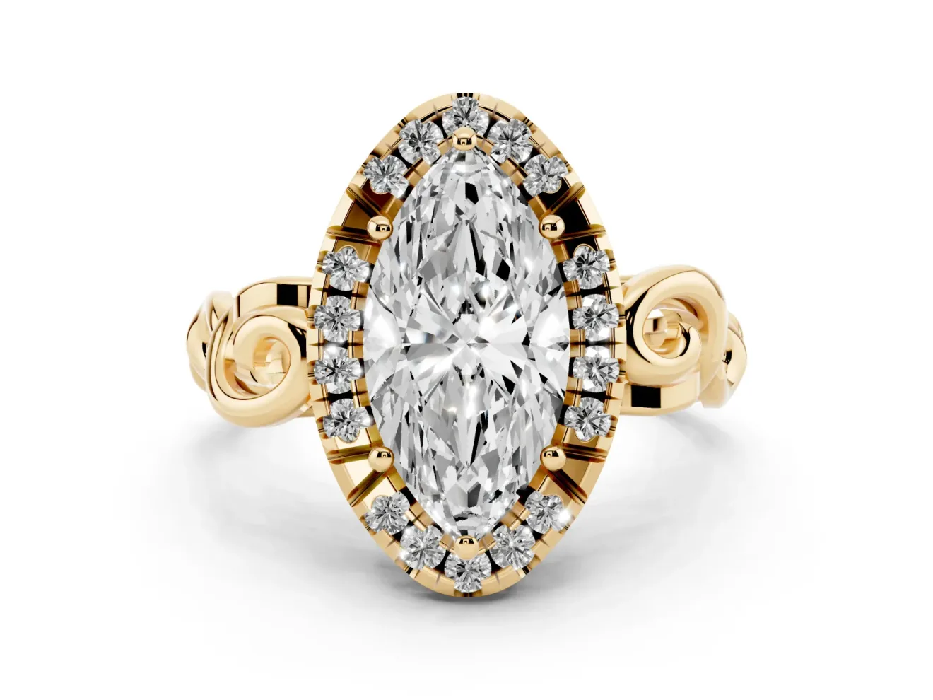 Marquise Cut Diamond Halo Ring Set in Yellow gold with Scrollwork Band and Prong Setting