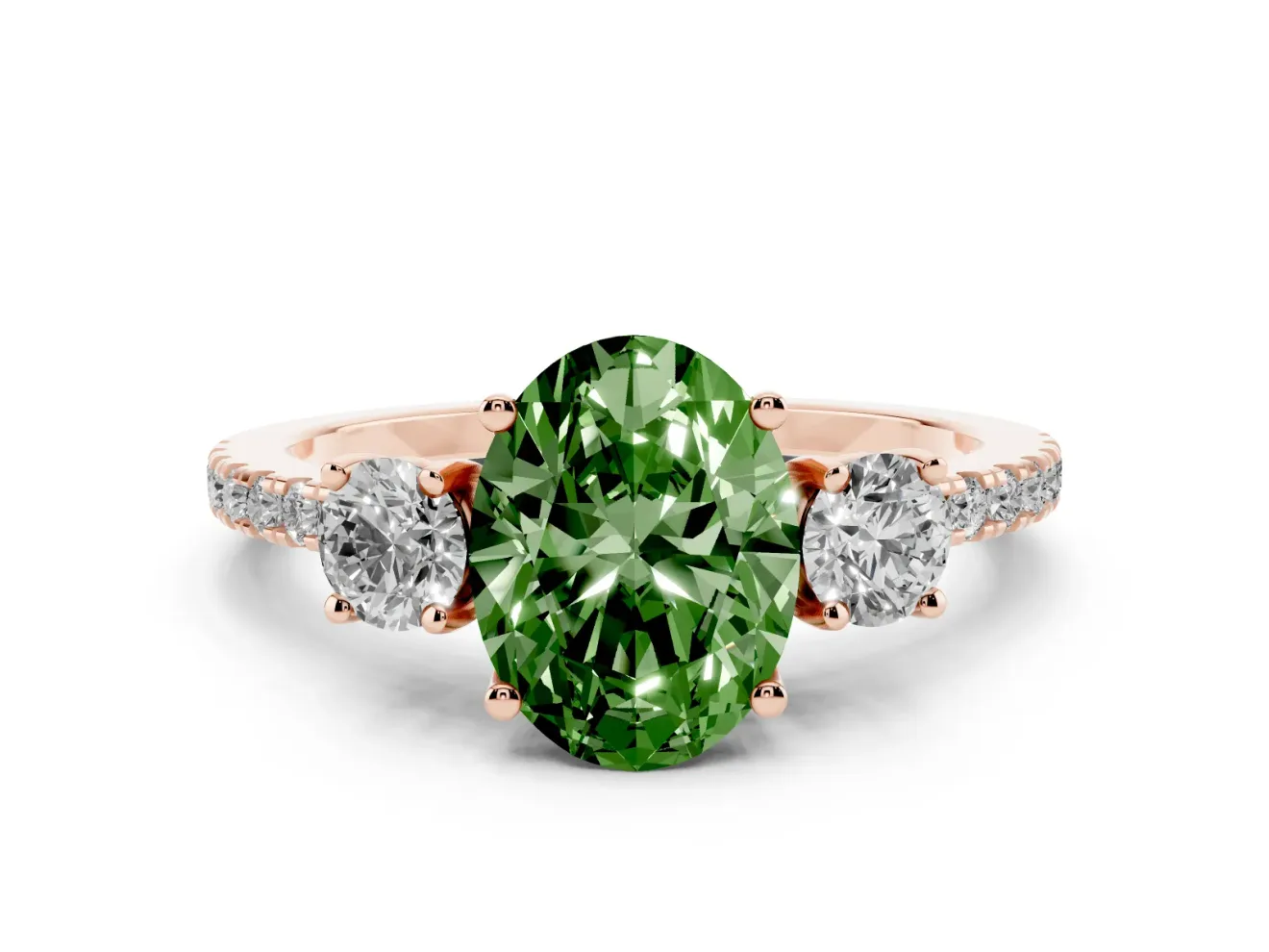 Oval Three Stone Engagement Ring Setting for a Fancy Green Lab-Grown Diamond | Pave Shoulders | Rose Gold
