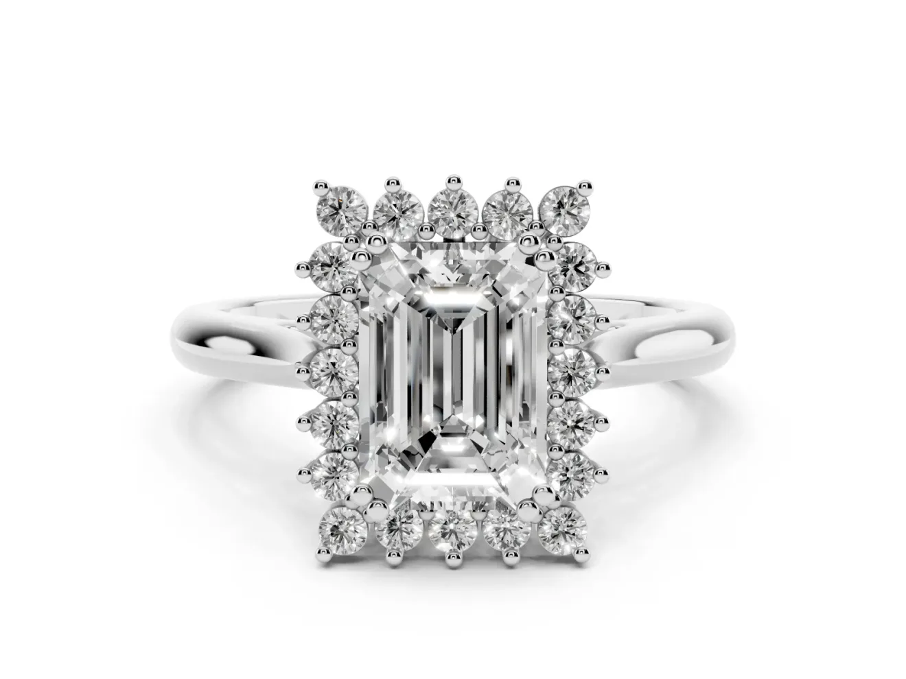 Emerald Cut Starburst Halo Engagement Ring Setting | Thin Plain Band | Sterling Silver