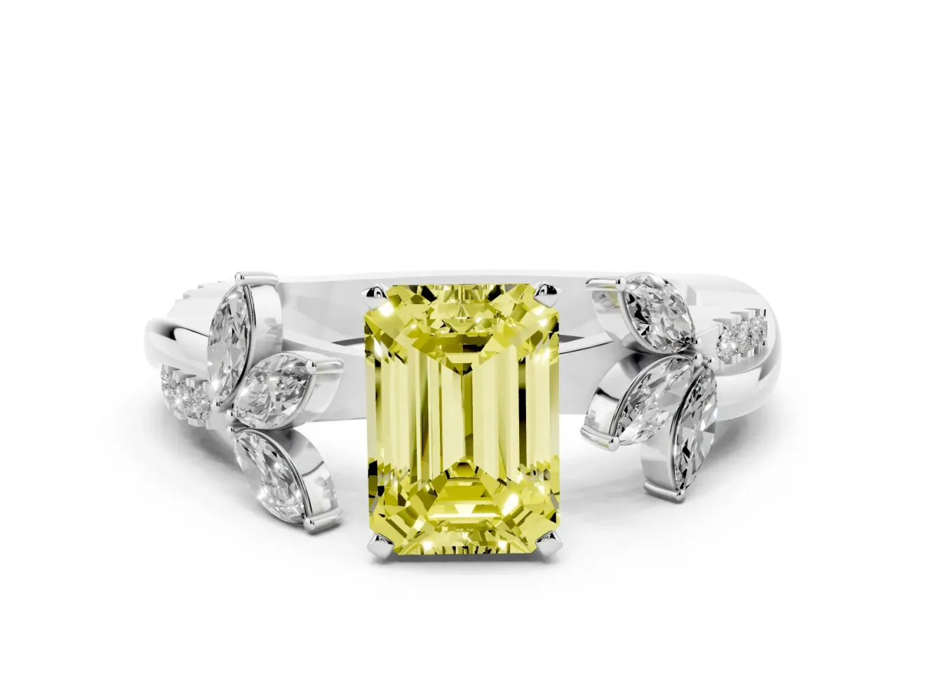 Fancy Yellow Emerald Cut Diamond Floral Vine Solitaire Engagement Ring Set in White gold with Marquise Leaves