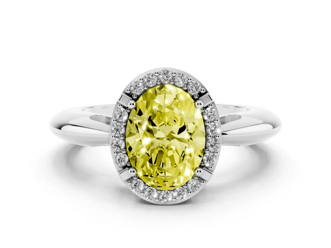 Fancy Yellow Oval Cut Diamond Halo Engagement Ring Set in White gold with Plain Split Shank and Prong Setting