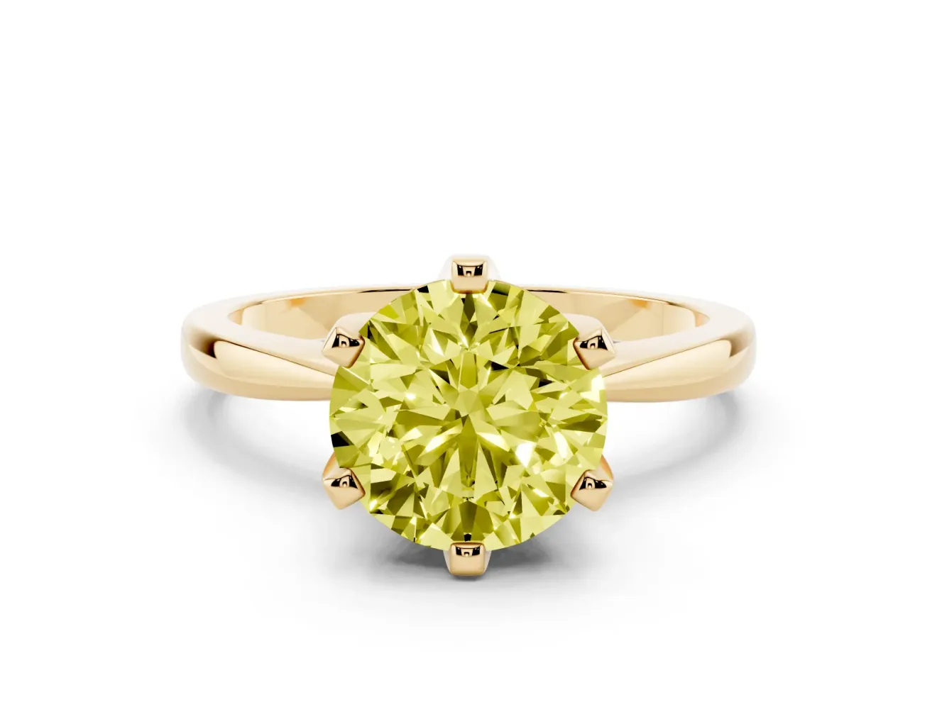 Fancy Yellow Round Cut Diamond Solitaire Engagement Ring Set in Yellow gold with Slim Tapered Solitaire Band