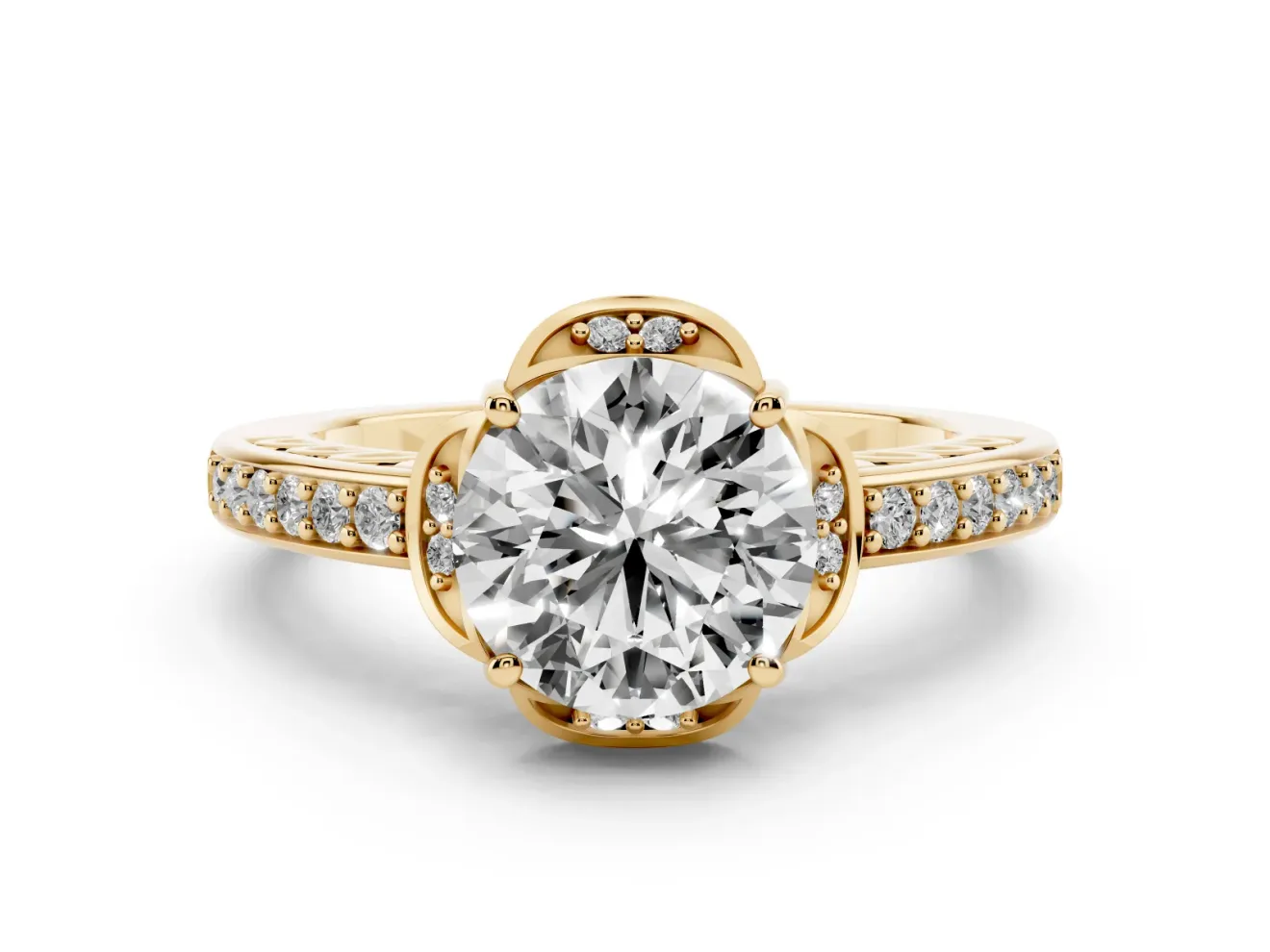 Round Floral Pavé Engagement Ring Setting | Petal Accents | Yellow Gold