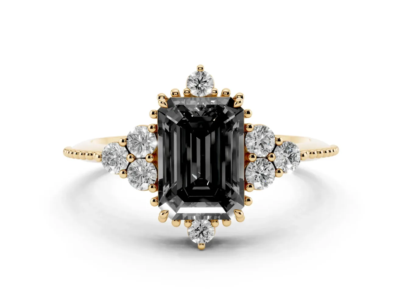 Emerald Cut Vintage Cluster Engagement Ring Setting for a Black Center | Beaded Edges | Yellow Gold