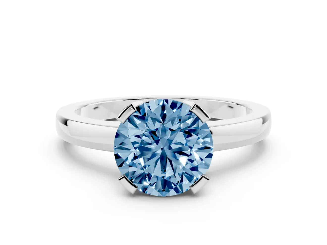 Fancy Blue Round Cut Diamond Solitaire Ring Set in Platinum with Prong Head and Smooth Polished Band
