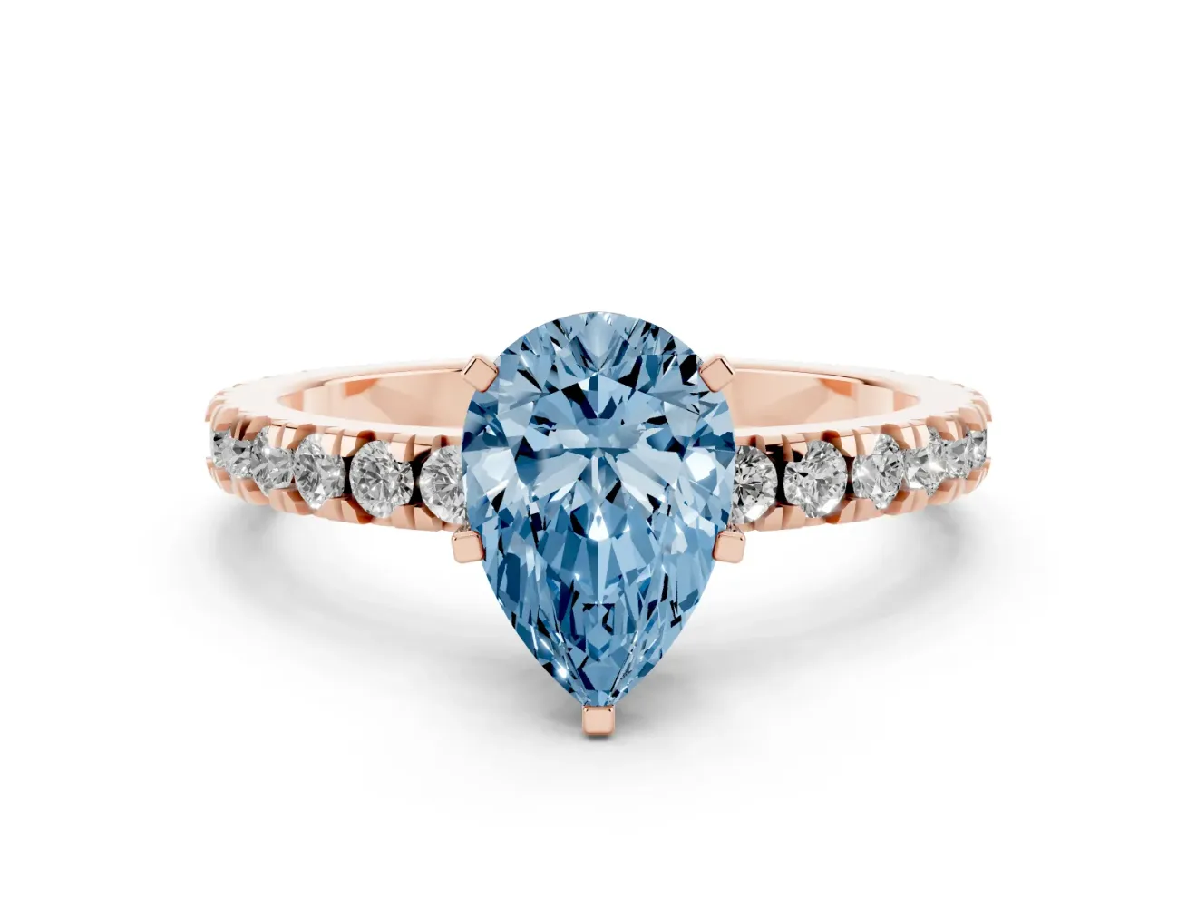 Fancy Blue Pear Cut Diamond Pavé Band Solitaire Set in Rose gold with Prong Setting