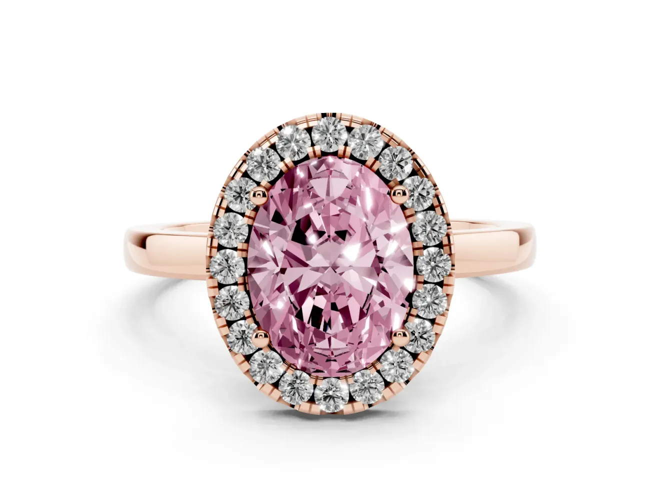 Fancy Pink Oval Cut Diamond Halo Solitaire Ring Set in Rose gold with Pavé Band and Prong Setting