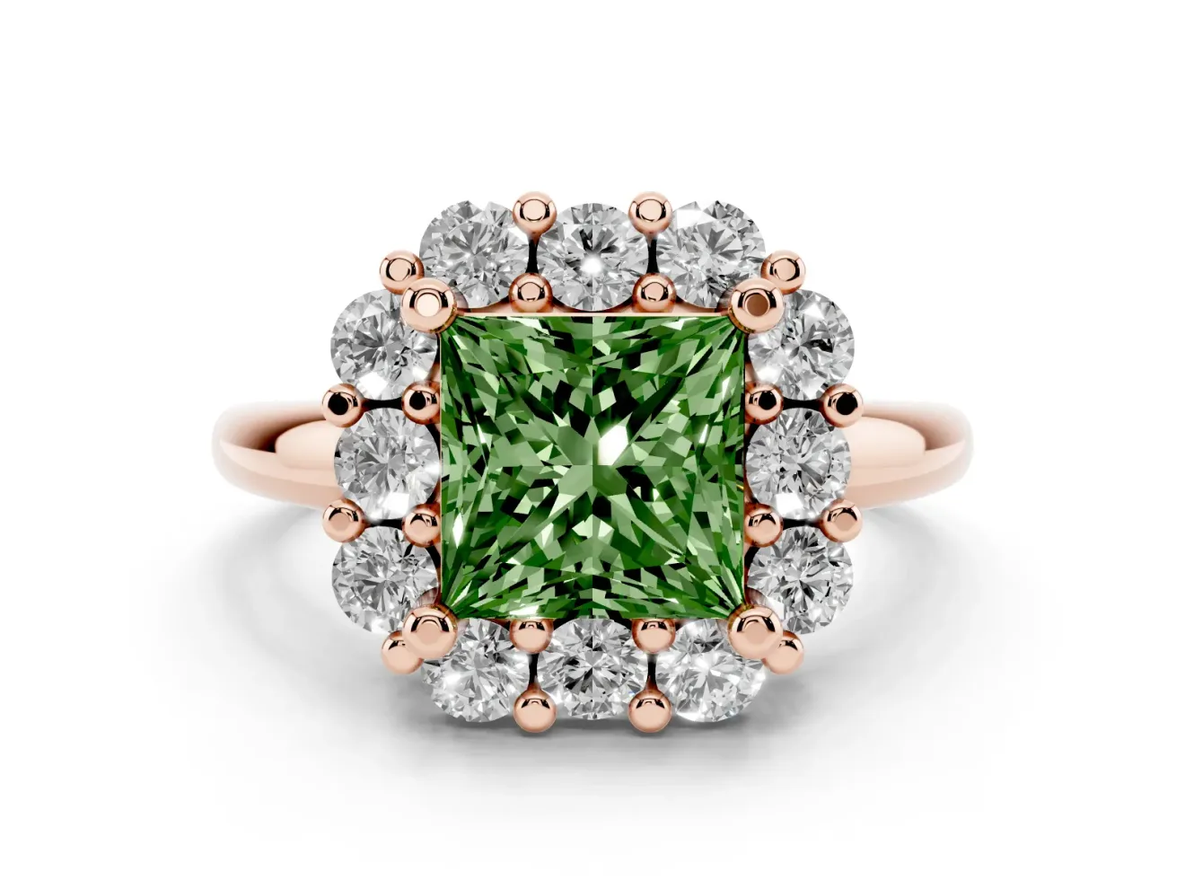 Princess Cut Cluster Halo Engagement Ring Setting for a Fancy Green Lab-Grown Diamond | Large Round Accents | Rose Gold