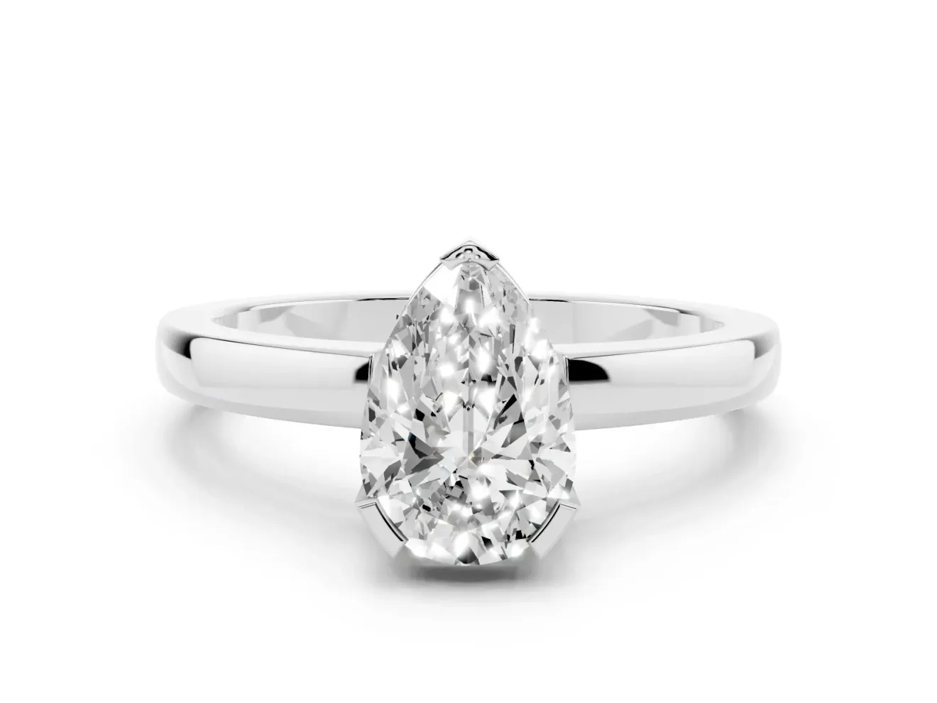 Pear Cut Diamond Solitaire Ring Set in White gold with Prong Head and Smooth Polished Band