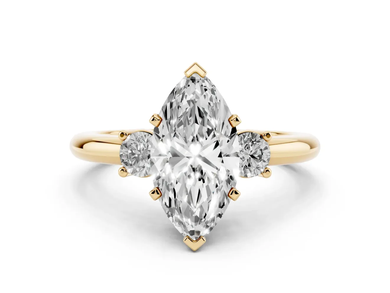 Three-Stone Marquise Cut Diamond Ring Set in Yellow gold with Prong Setting and Plain Band