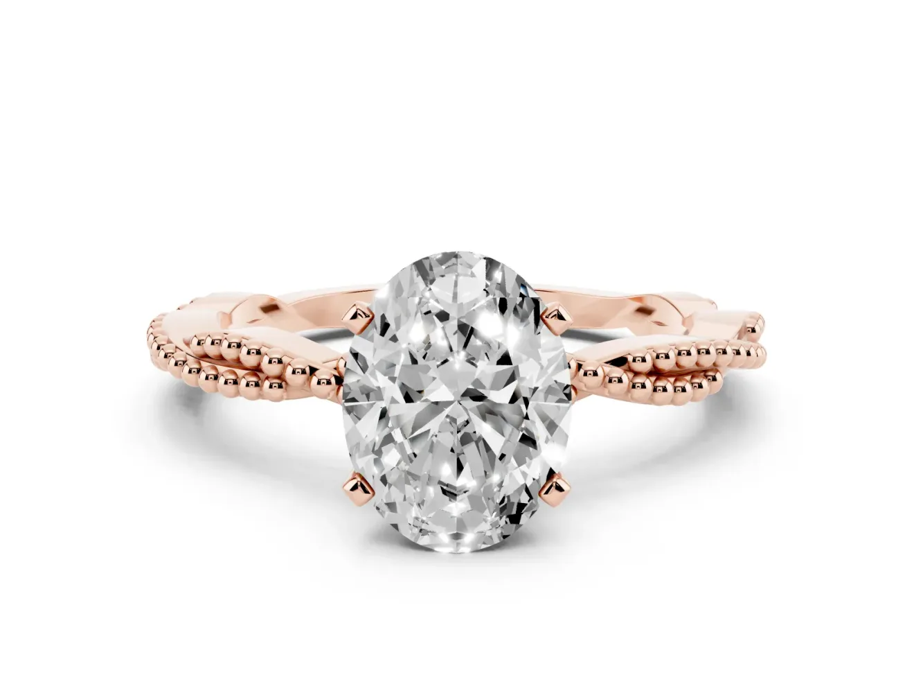 Oval Cut Diamond Solitaire Ring Set in Rose gold with Twisted Band and Bead Prong Setting