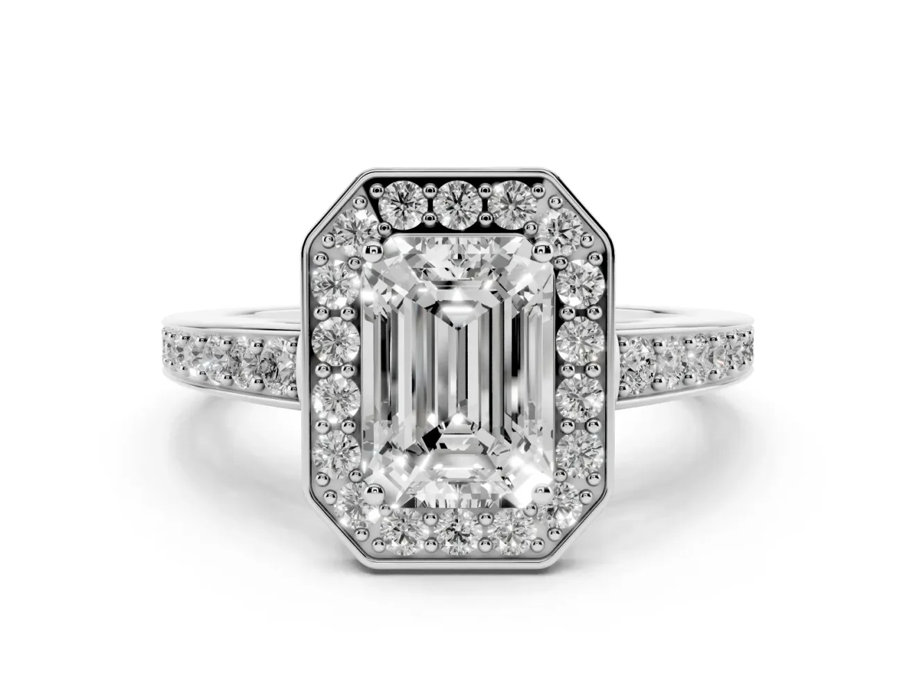 Emerald Cut Framed Halo Engagement Ring Setting | Graduated Pavé Band | White Gold