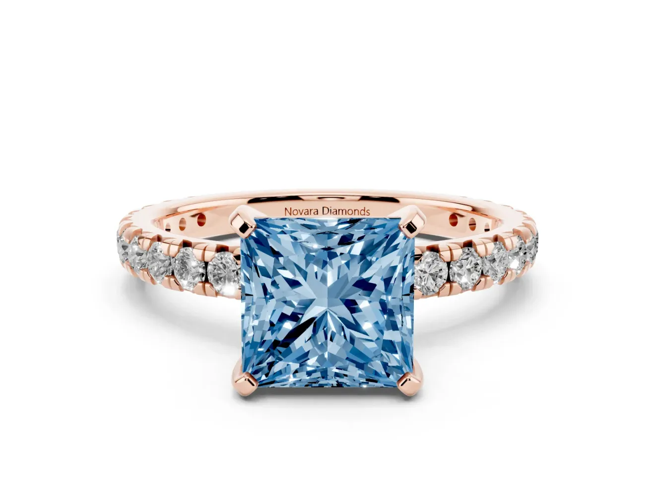 Princess Cut Pavé Solitaire Engagement Ring Setting for a Fancy Blue Lab-Grown Diamond | Shared Prong Band | Rose Gold