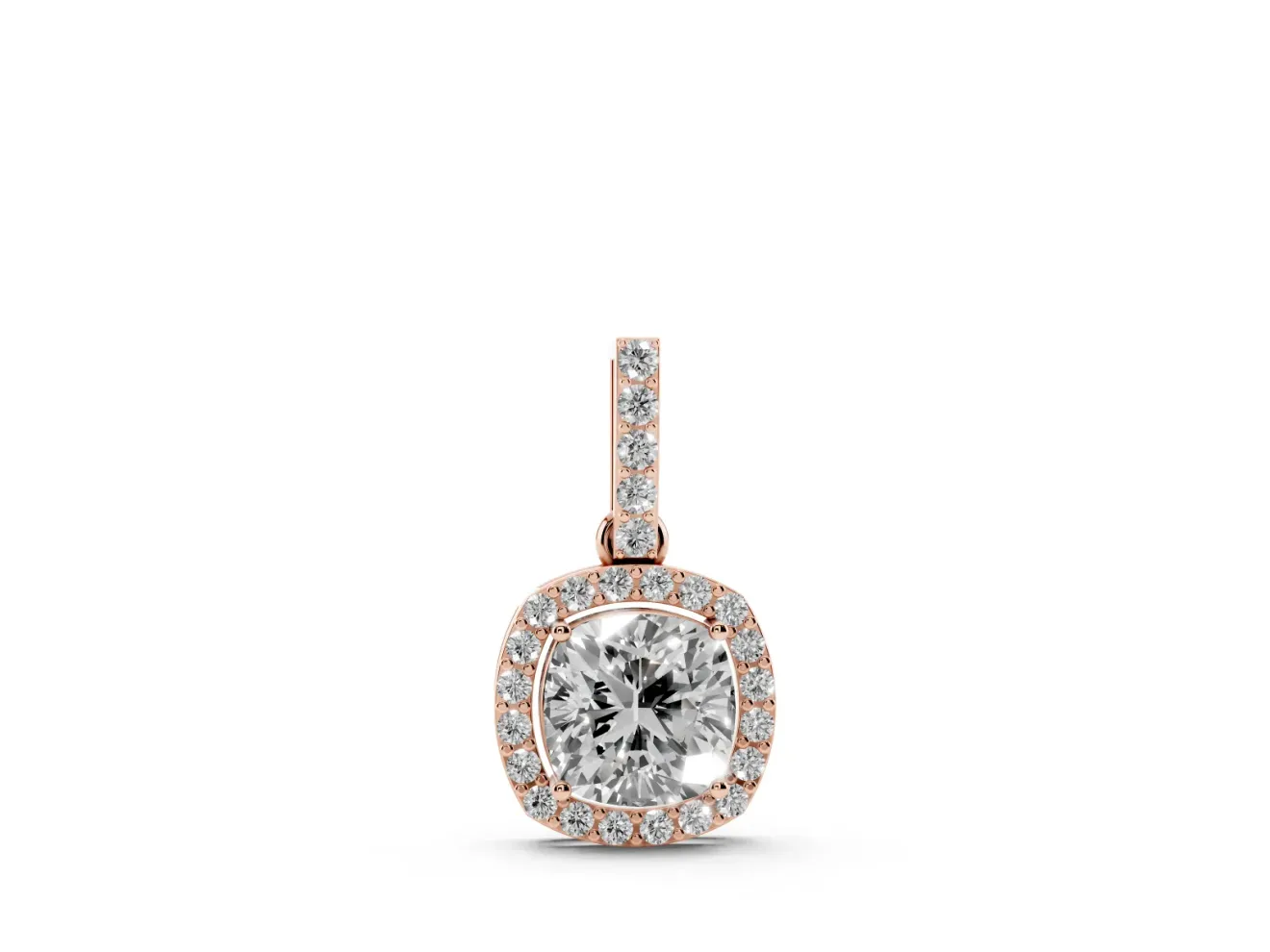 Cushion Cut Lab-Grown Diamond Halo Pendant Necklace | Pavé Bail | Rose Gold