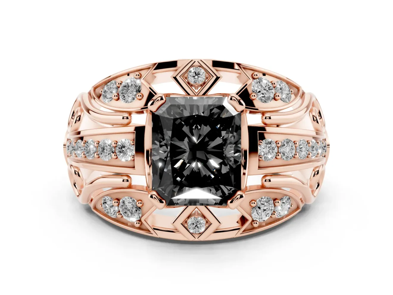 Radiant Cut Art Deco Graduated Engagement Ring Setting for a Black Center | Split Shank | Rose Gold