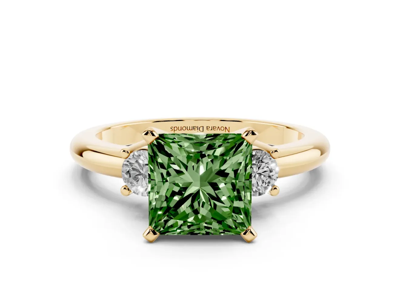 Fancy Green Three-Stone Princess Cut Diamond Ring Set in Yellow gold with Prong Setting and Plain Band