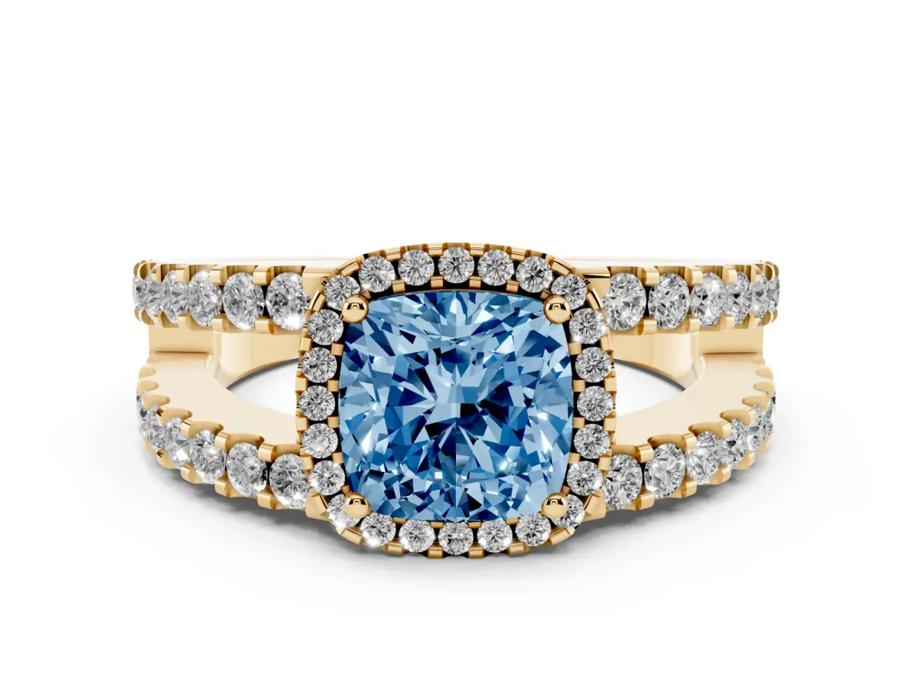 Cushion Cut Halo Engagement Ring Setting for a Fancy Blue Lab-Grown Diamond | Yellow Gold