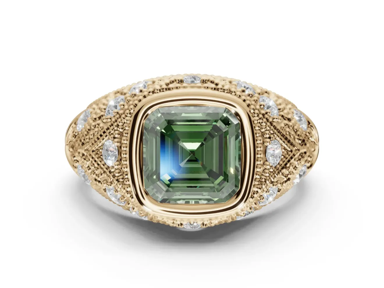 Asscher Cut Vintage Bezel Engagement Ring Setting for a Fancy Green Lab-Grown Diamond | Yellow Gold